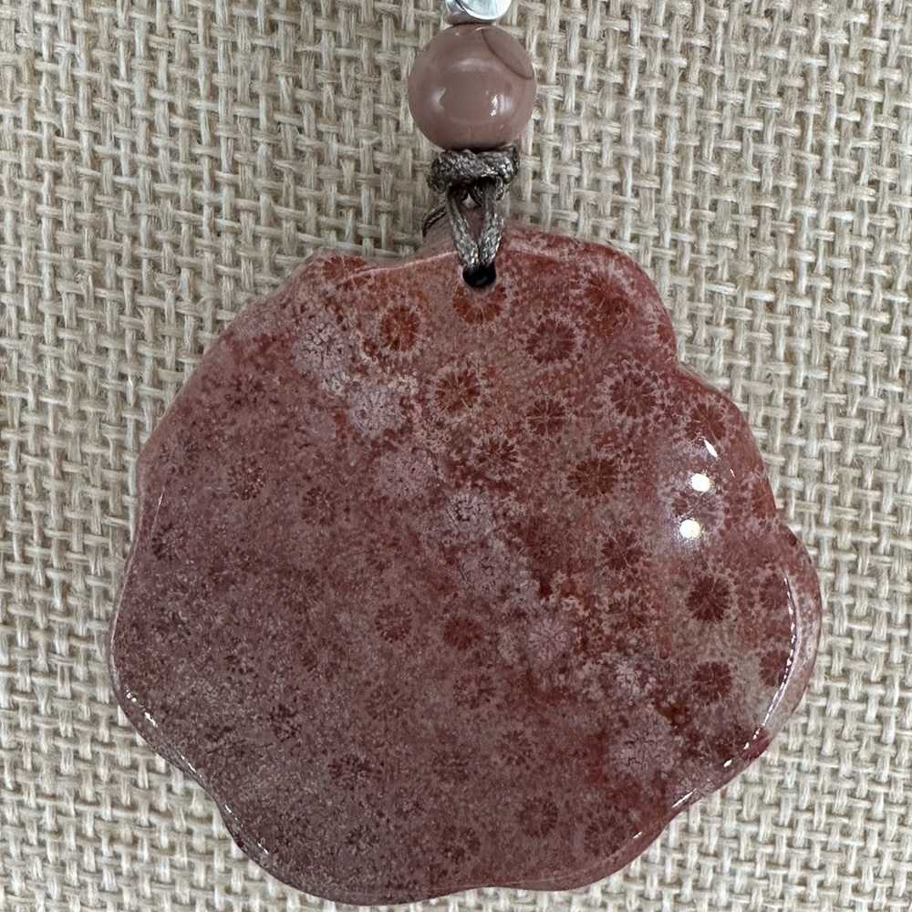 Pink Coral Fossil Sleeping Nine Tail Fox Pendant Necklace; Adjustable Rope - Picture 11 of 16